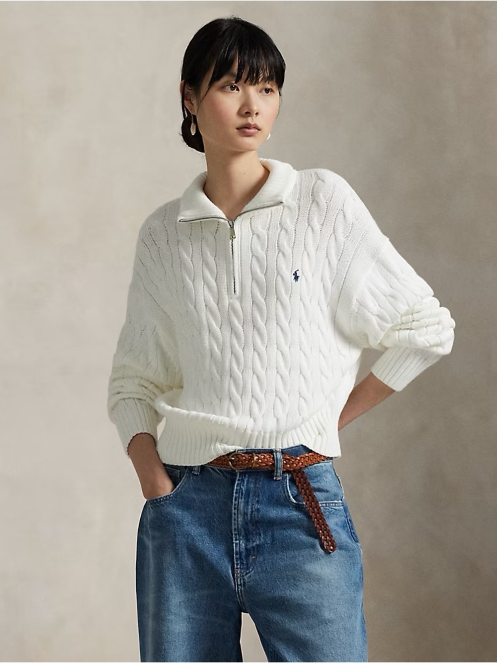NWOT $360 Ralph Lauren Cable-Knit Cotton quarter-zip sweater M